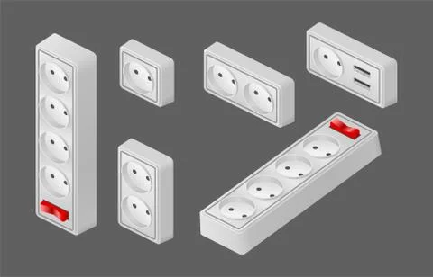 Set power surge protector socket with button isometric vector Stock Illustration
