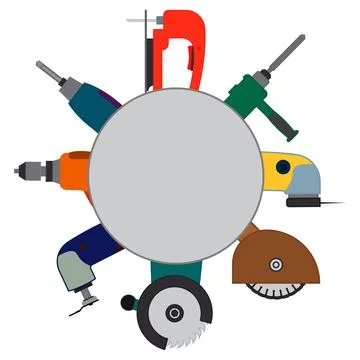 A set of power tools and empty circle inside for text or logo.  Stock Illustration