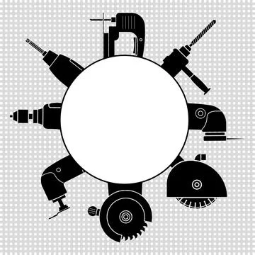 A set of power tools and empty circle inside for text or logo.  Illustrazione stock