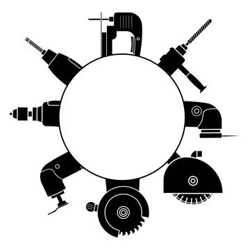 A set of power tools and empty circle inside for text or logo.  Stock Illustration