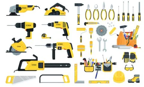 Set of power tools in yellow and black color. Home repair. Stock Illustration