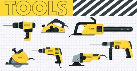 Set of power tools in yellow and black color. Home repair Stock Illustration