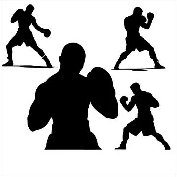 Set of Powerful Boxer Silhouettes Throwing Punches and Sparring Stock Illustration