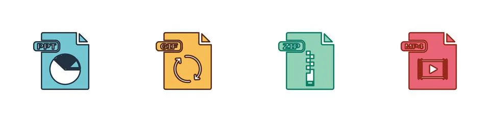 Set PPT file document, GIF, ZIP and MP4 icon. Vector Stock Illustration