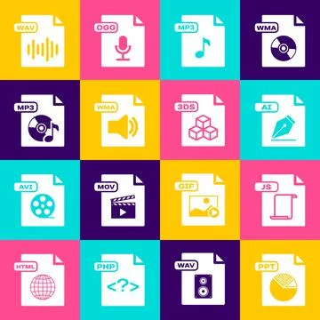 Set PPT file document, JS, AI, MP3, WMA, WAV and 3DS icon. Vector 스톡 일러스트