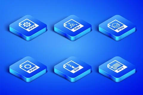 Set PPT file document, MAX, ZIP, RAW, OBJ and PSD icon. Vector Stock Illustration