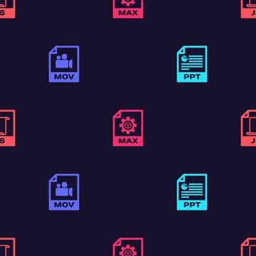 Set PPT file document, MOV, MAX and JS on seamless pattern. Vector Stock Illustration