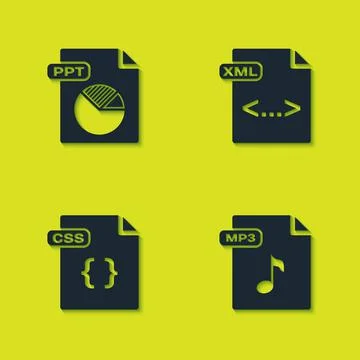 Set PPT file document, MP3, CSS and XML icon. Vector Stock Illustration