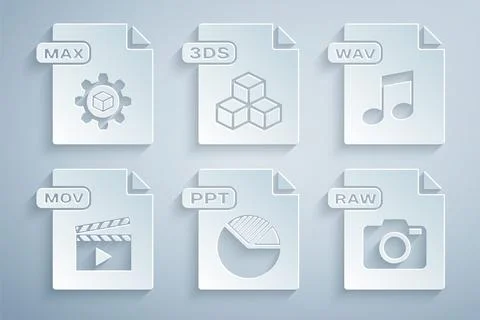 Set PPT file document, WAV, MOV, RAW, 3DS and MAX icon. Vector 库存插图