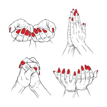 Set prayer red neils hand collection drawn gesture sketch vector illustrati.. Stock Illustration