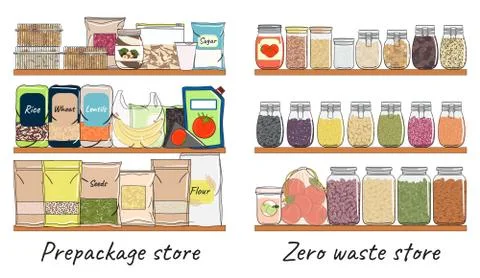 Set of pre packaging and zero waste container for nuts, seeds, beans on shelf Stock Illustration
