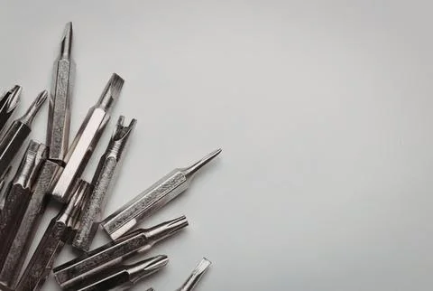 Set of precision screwdrivers and tools on white background Stock Photos