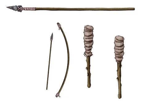 Set of Prehistoric weapons. spear, bow, torch. illustration on white backgrou Stock Illustration