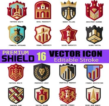 Set of premium vector shield icons with castle and fortress designs Stock Illustration