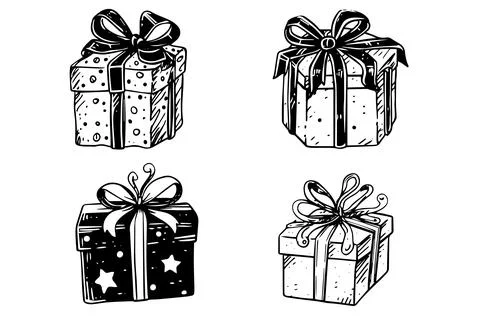 Set of present gift box with ribbon bow vector sketch. Vintage christmas icon. Stock Illustration