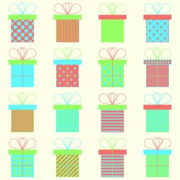 Set of present or gift boxes. Vector icons. Bright colors. Stock Illustration