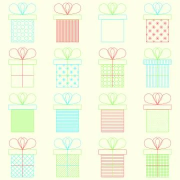Set of present or gift boxes. Outline vector icon. Bright colors. Stock Illustration