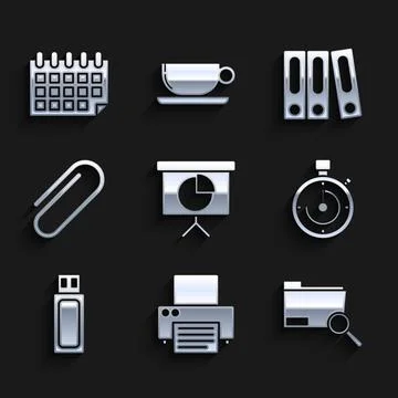 Set Presentation financial board with graph pie graph Printer Search concept  Stock-Illustration