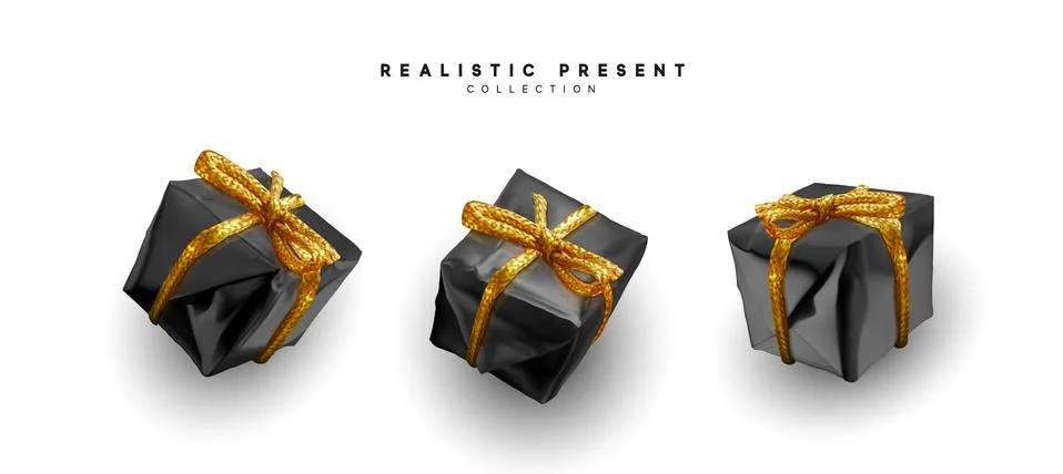 Set presents. Black gift boxes realistic design. Illustrazione stock