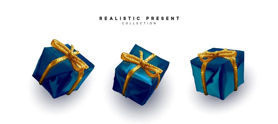 Set presents. Blue gift boxes realistic design. Illustrazione stock