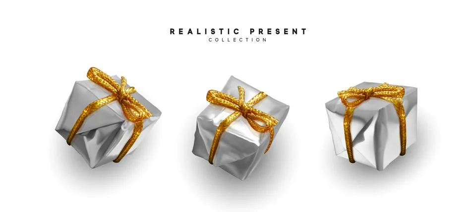 Set presents. Silver gift boxes realistic design. Stock Illustration