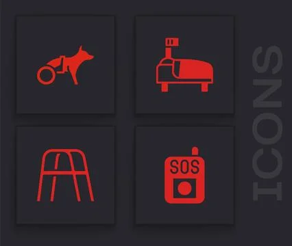 Set Press the SOS button, Dog in wheelchair, Hospital bed and Walker icon Stock Illustration