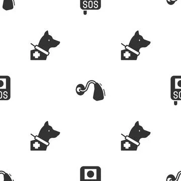 Set Press the SOS button, Hearing aid and Guide dog on seamless pattern. Vector Stock Illustration