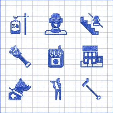Set Press the SOS button, Human broken arm, Walking stick cane, Medical hospital Stock Illustration