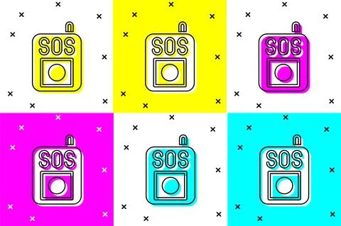 Set Press the SOS button icon isolated on color background. Vector Stock Illustration