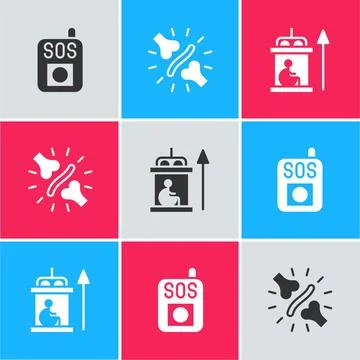 Set Press the SOS button, Joint pain, knee pain and Elevator for disabled icon Stock Illustration