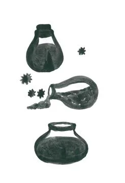 A set of pretty little rounded black jars with liquid inside Stock Illustration