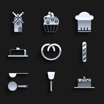 Set Pretzel, Spatula, Stack of pancakes, French baguette bread, Measuring spoon Stock Illustration