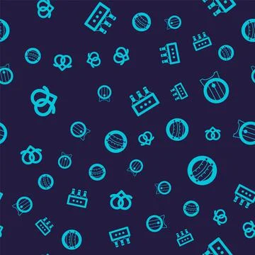Set Pretzel, Wooden barrel on rack, Pack of beer bottles and Sausage on seamless Stock Illustration