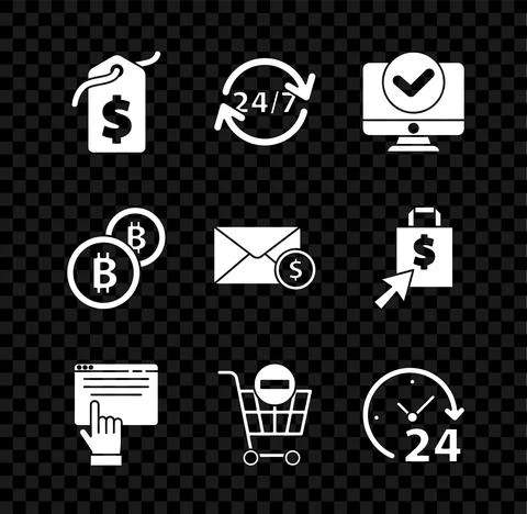 Set Price tag with dollar, Clock 24 hours, Computer monitor, Online shopping Stockillustratie