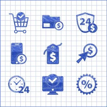 Set Price tag with dollar, Computer monitor, Discount percent, Cursor and coin Stock Illustration