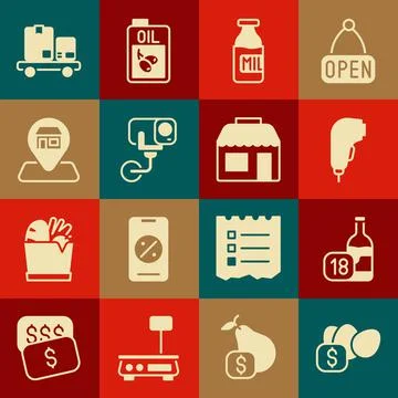 Set Price tag for egg, Wine bottle, Scanner scanning bar code, Bottle with milk Stock Illustration