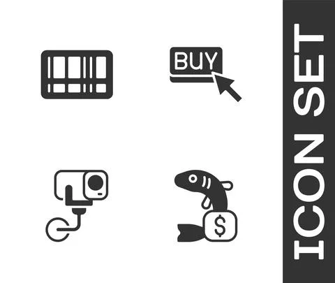 Set Price tag for fish, Barcode, Security camera and Buy button icon. Vector Stock Illustration
