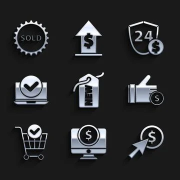 Set Price tag with New, Computer monitor dollar, Cursor and coin, Hand holding イラスト素材