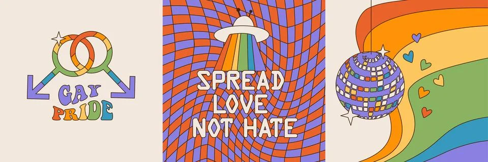 Set of Pride month square posters with rainbow and gay vibes phrase in retro Stock Illustration