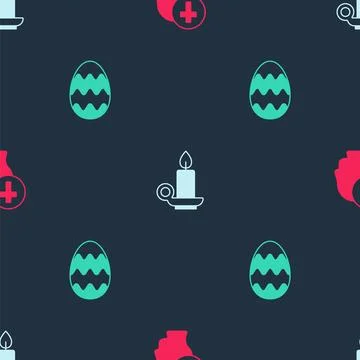 Set Priest, Burning candle in candlestick and Easter egg on seamless pattern Stock Illustration