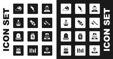 Set Priest, Candy, Bottle with potion, Moon stars, Wooden axe, Zombie finger Stock-Illustration