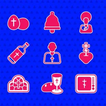 Set Priest, Goblet and bread, Online church pastor preaching, Religious cross Stock Illustration