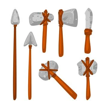 Set of Primal Stone Age Tools and Weapons collection cartoon style, Prehist.. Stock Illustration