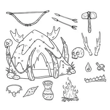 Set of primitive man items. Hut made of skins and bones Stock Illustration