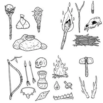 Set of primitive man items. Hut made of skins and bones Stock Illustration