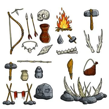 Set of primitive man items. Hut made of skins and bones Stock Illustration