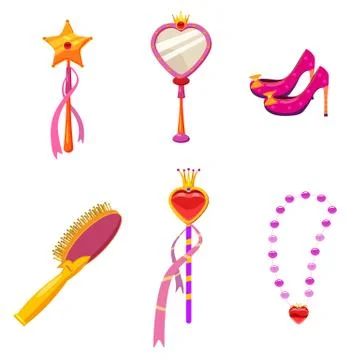 Set Princess World elements and attributes of design. Mirror, shoes, tiara Stock Illustration
