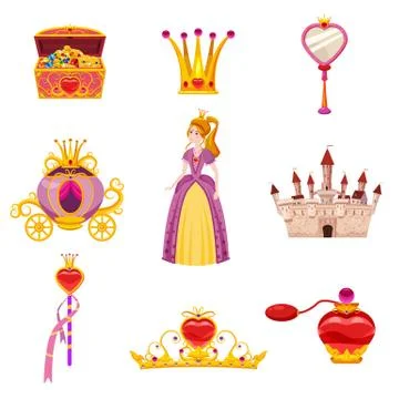 Set Princess World elements and attributes of design. Castle, mirror, carriage Stock Illustration
