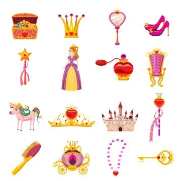Set Princess World elements and attributes of design. Castle, mirror, throne Stock Illustration