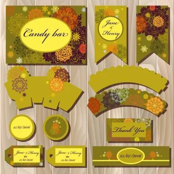 Set of printable backgrounds to wedding. Candy bar design. Stock Illustration
